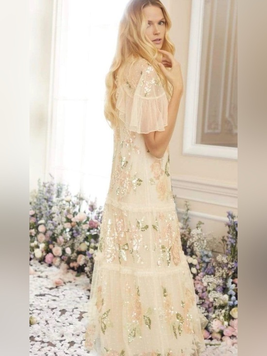Needle & Thread Dresses & Skirts - Needle & Thread Ivory Maxi Dress with Pink & Green Floral Sequin Embroidery